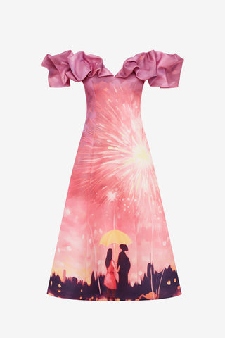Exclusive LEO LIN Annie Off Shoulder Frill Midi Dress - Afterglow Print