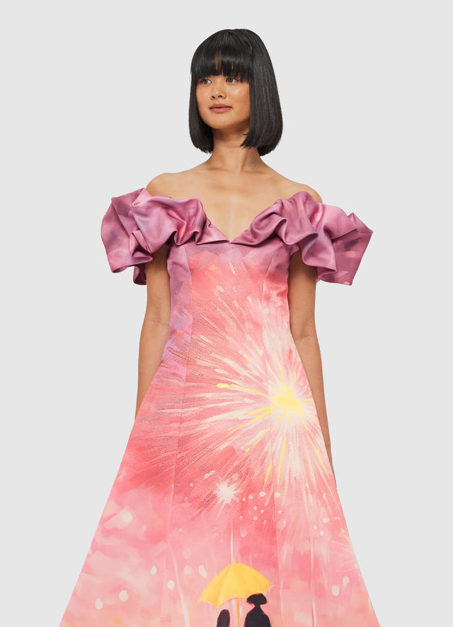 Exclusive Leo Lin Annie Off Shoulder Frill Midi Dress - Afterglow Print