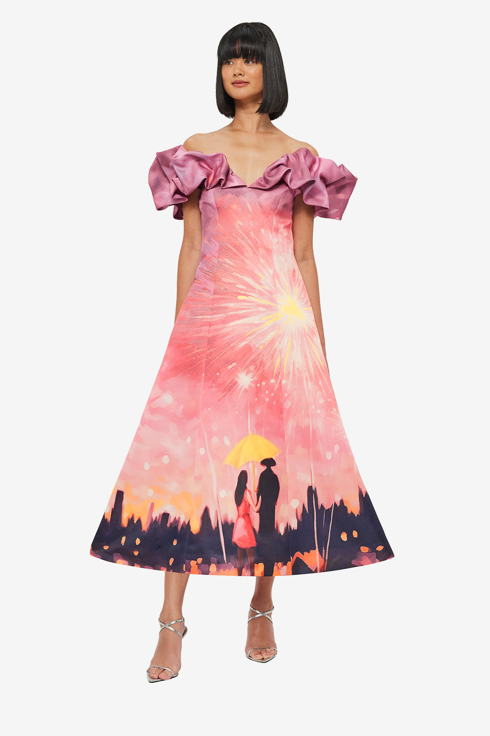 Exclusive LEO LIN Annie Off Shoulder Frill Midi Dress - Afterglow Print