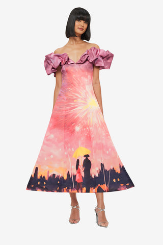 Exclusive LEO LIN Annie Off Shoulder Frill Midi Dress - Afterglow Print