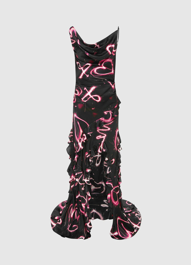 Exclusive Leo Lin Remy Low Back Split Maxi Dress - Neon Heart Print