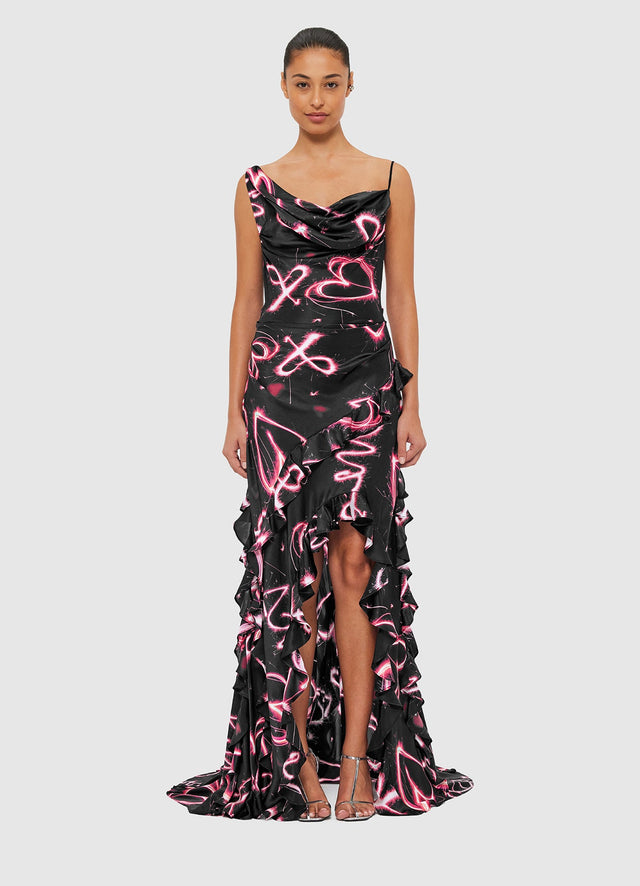 Exclusive Leo Lin Remy Low Back Split Maxi Dress - Neon Heart Print