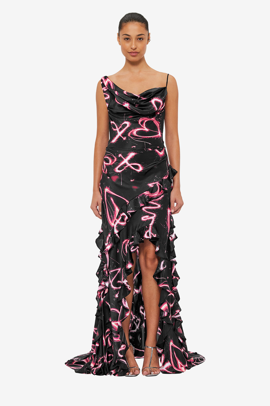 Exclusive LEO LIN Remy Low Back Split Maxi Dress - Neon Heart Print