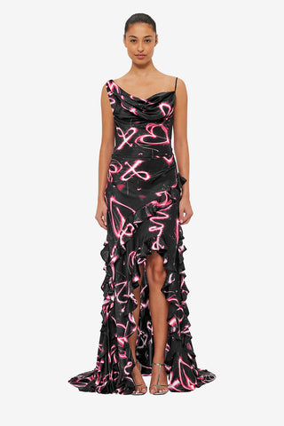 Exclusive LEO LIN Remy Low Back Split Maxi Dress - Neon Heart Print