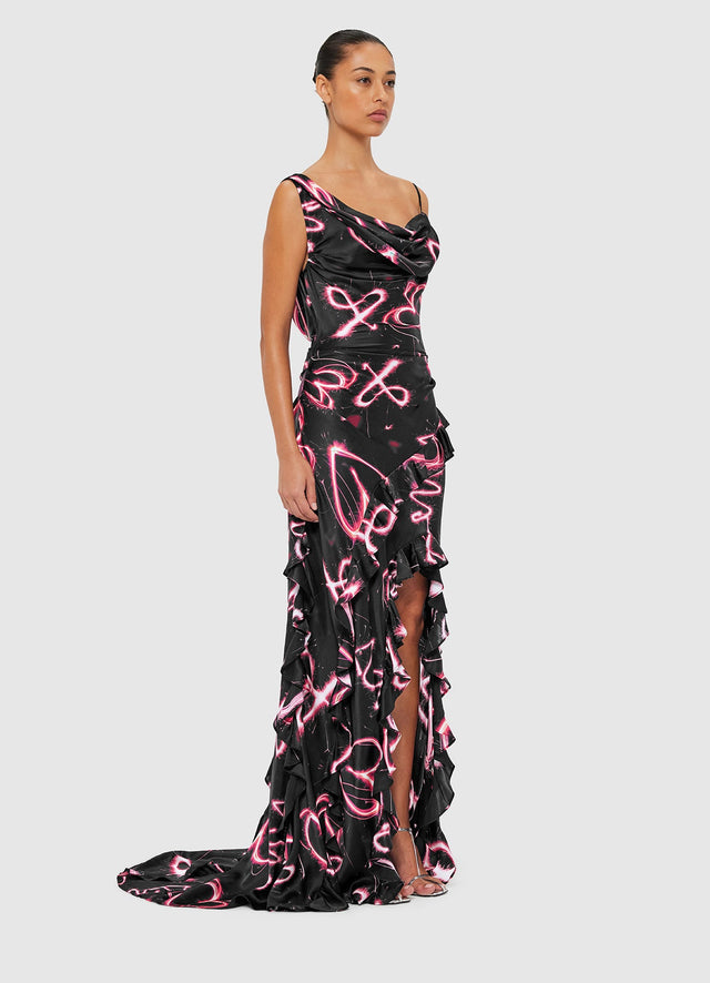 Exclusive Leo Lin Remy Low Back Split Maxi Dress - Neon Heart Print