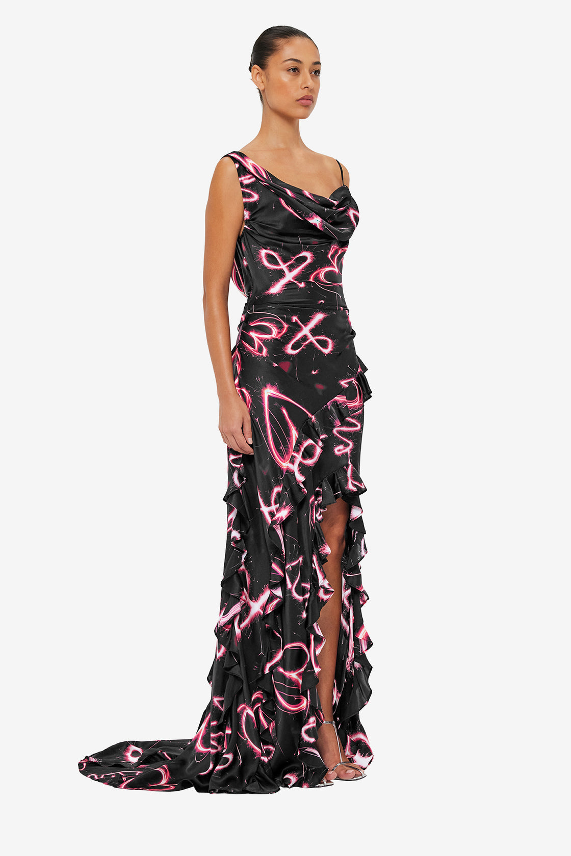 Exclusive LEO LIN Remy Low Back Split Maxi Dress - Neon Heart Print