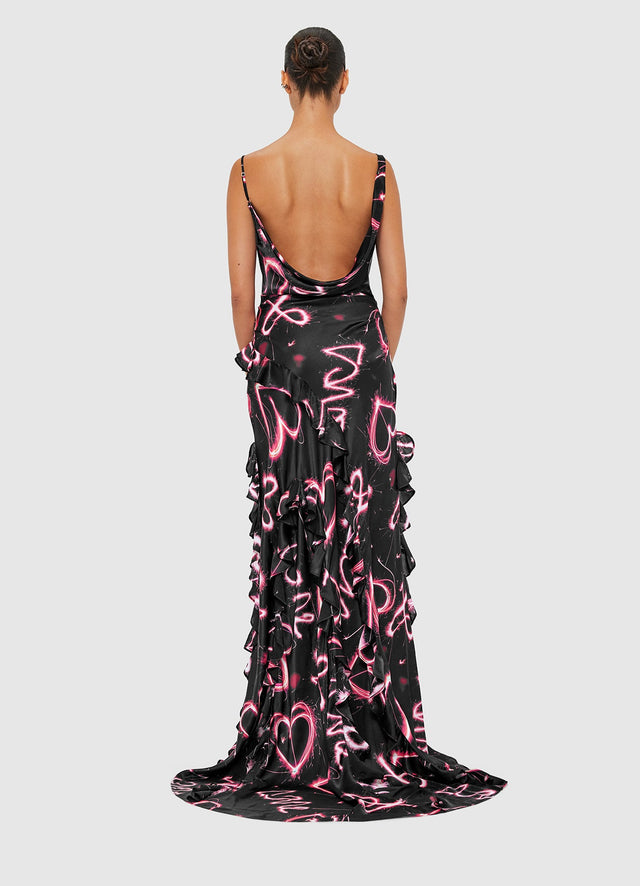 Exclusive Leo Lin Remy Low Back Split Maxi Dress - Neon Heart Print