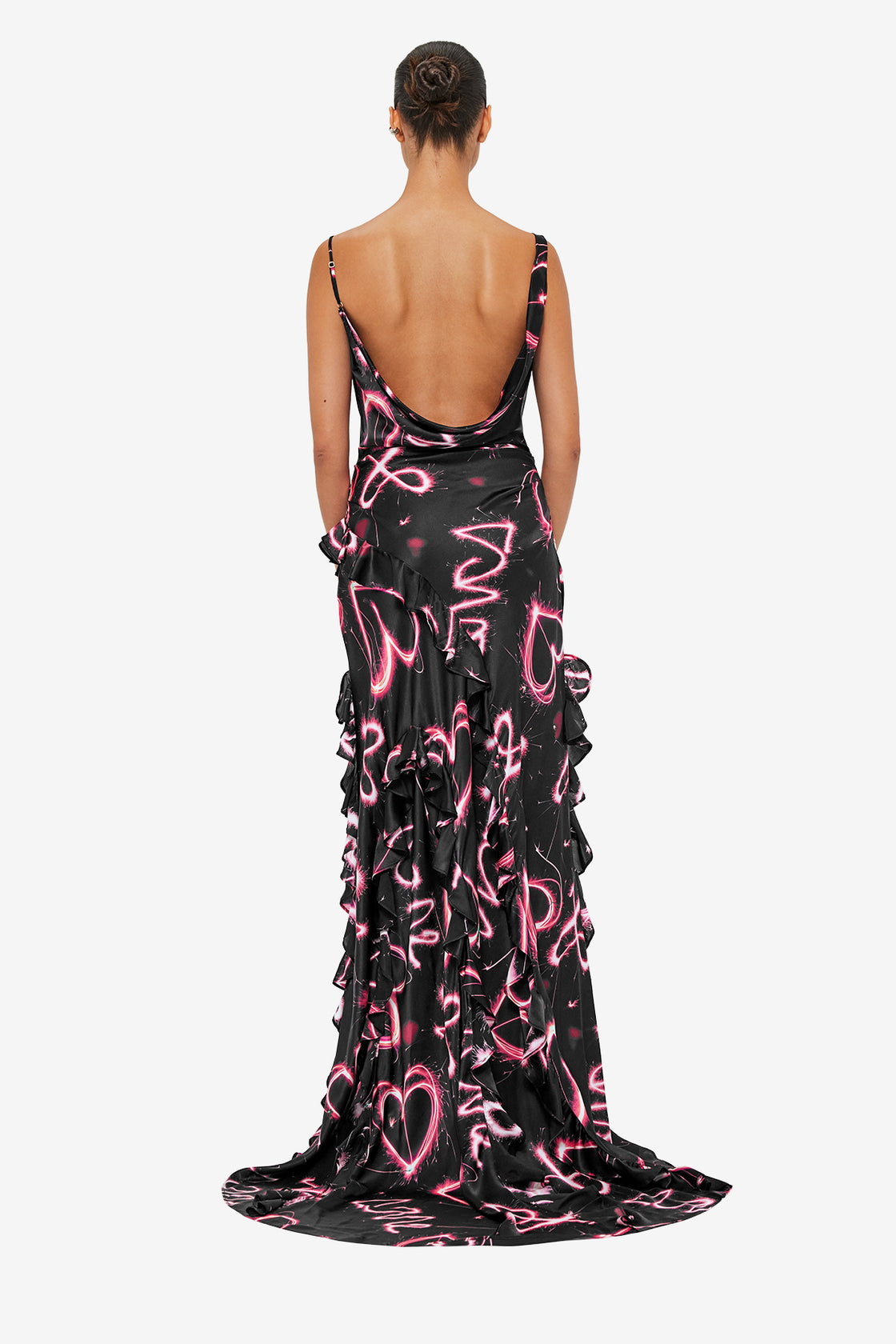 Exclusive LEO LIN Remy Low Back Split Maxi Dress - Neon Heart Print