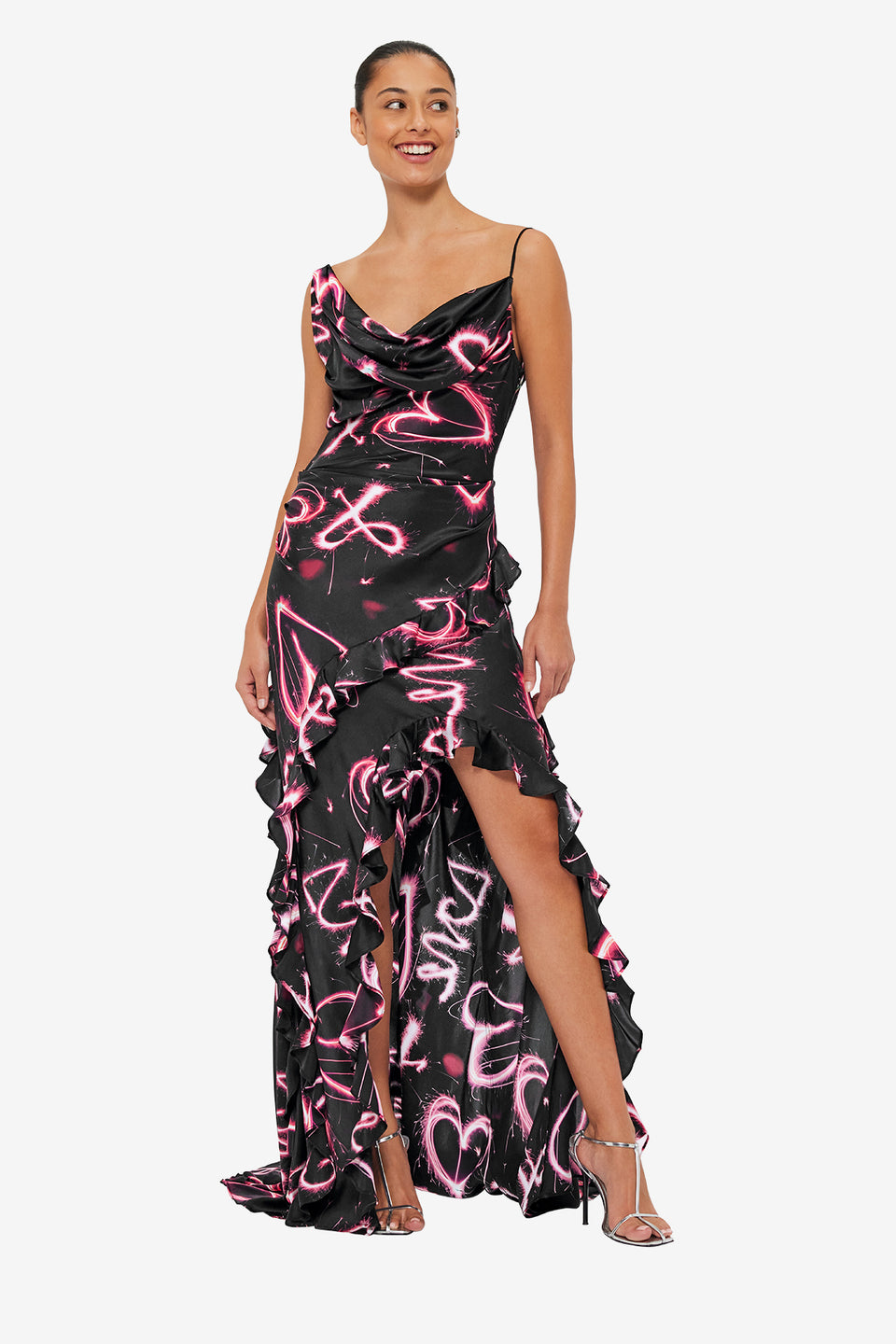 Exclusive LEO LIN Remy Low Back Split Maxi Dress - Neon Heart Print