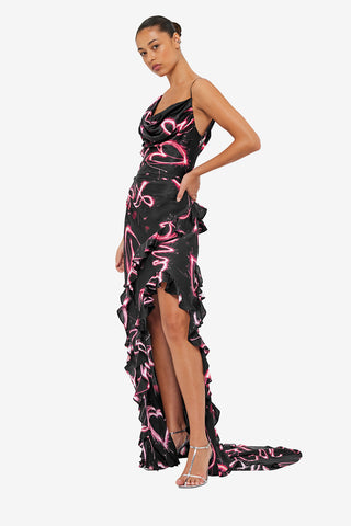 Exclusive LEO LIN Remy Low Back Split Maxi Dress - Neon Heart Print