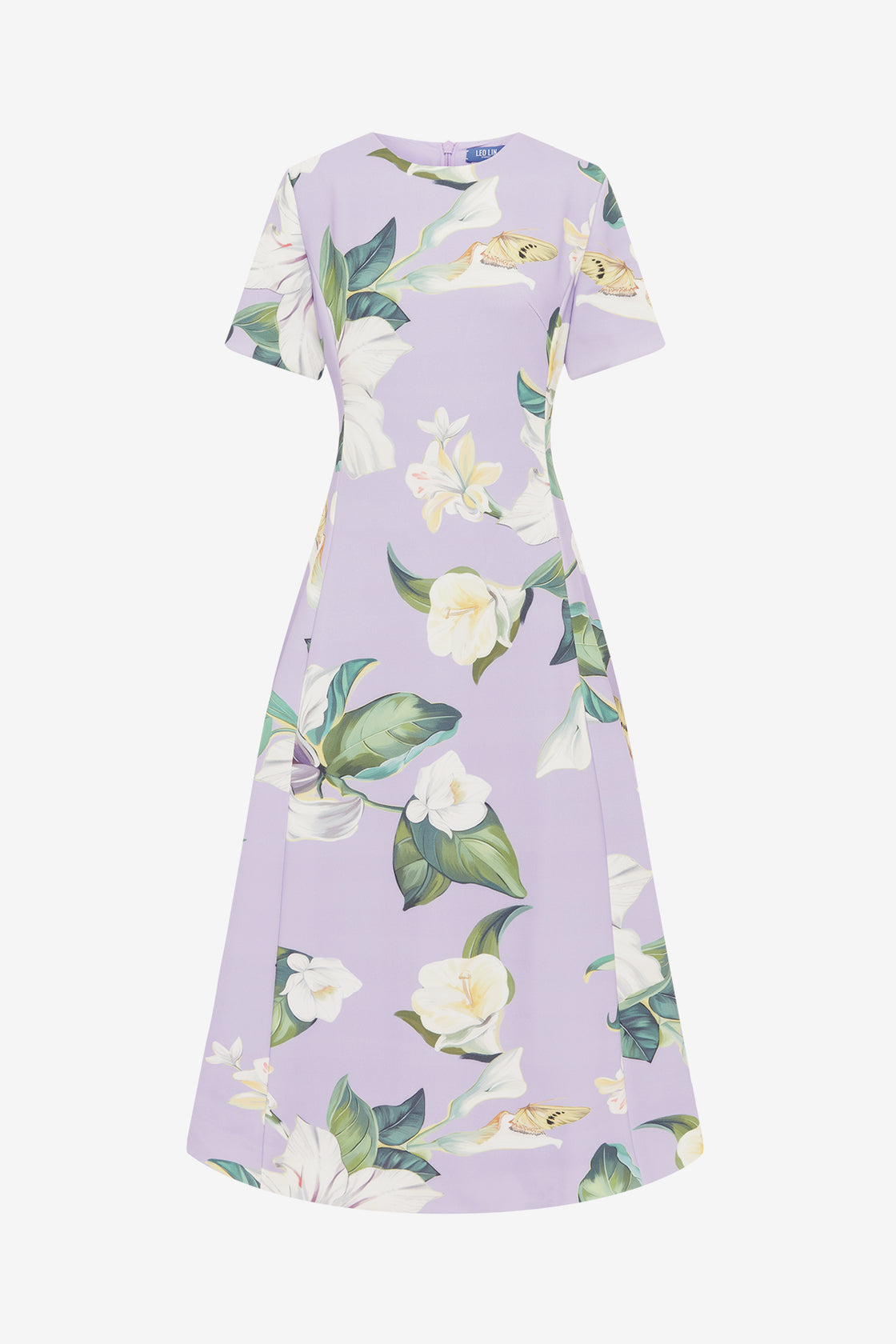 Exclusive LEO LIN Caroline Short Sleeve Midi Dress - Lily Blossom Print in Lilac