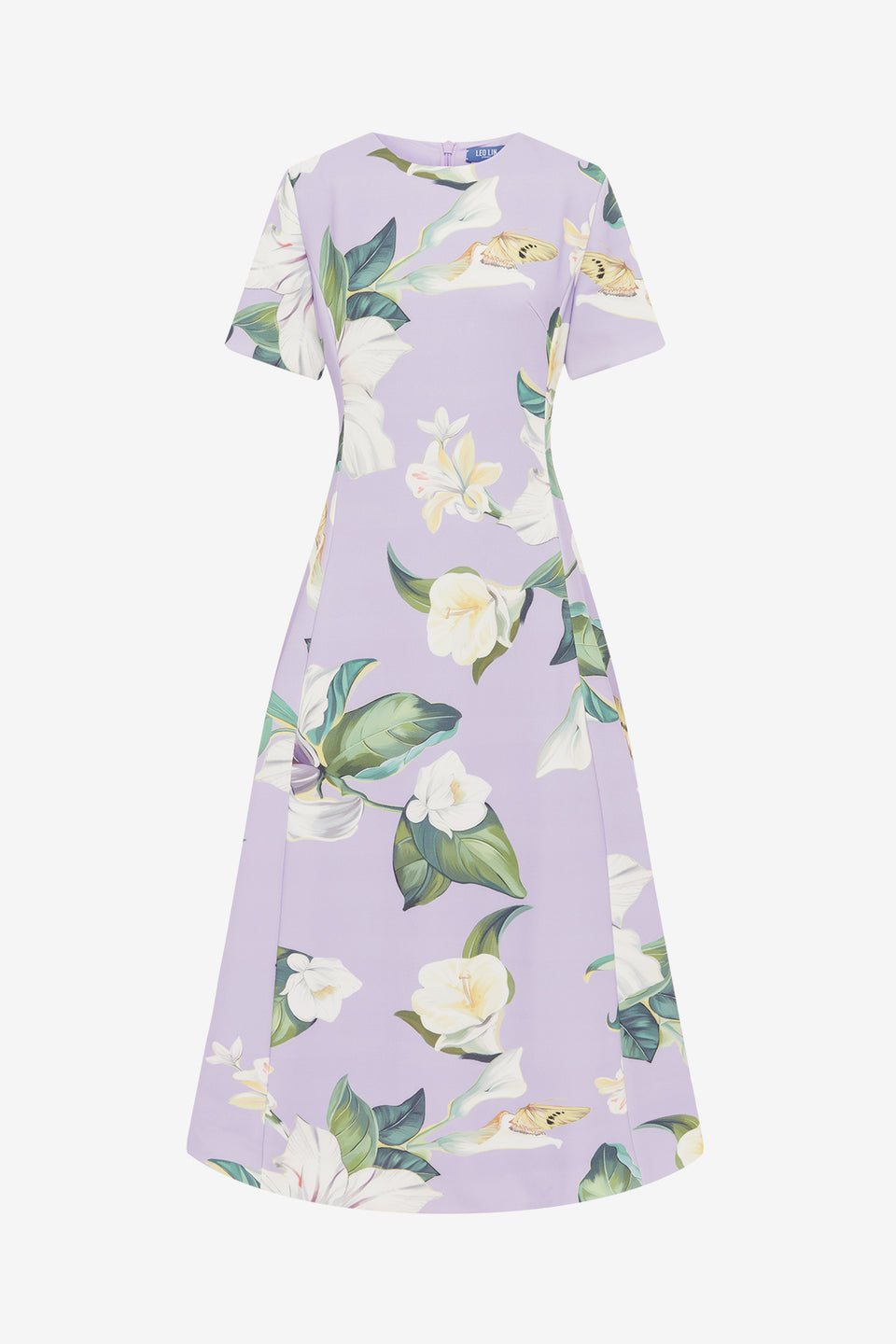 Exclusive LEO LIN Caroline Short Sleeve Midi Dress - Lily Blossom Print in Lilac