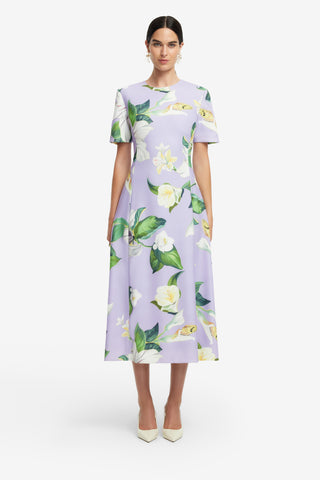 Exclusive LEO LIN Caroline Short Sleeve Midi Dress - Lily Blossom Print in Lilac