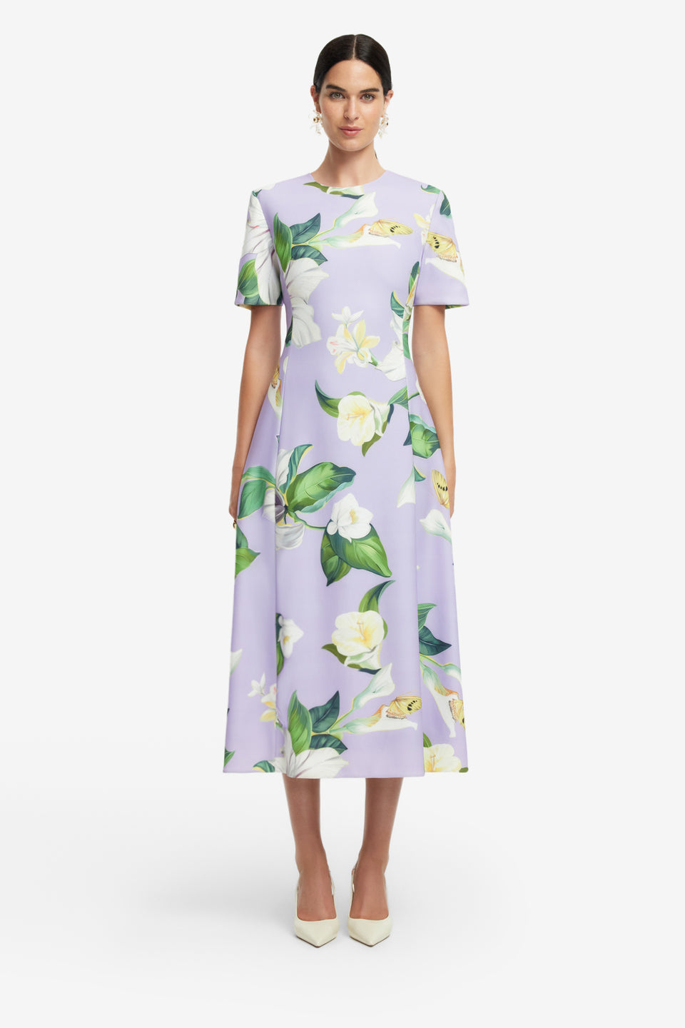 Exclusive LEO LIN Caroline Short Sleeve Midi Dress - Lily Blossom Print in Lilac