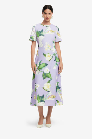 Exclusive LEO LIN Caroline Short Sleeve Midi Dress - Lily Blossom Print in Lilac