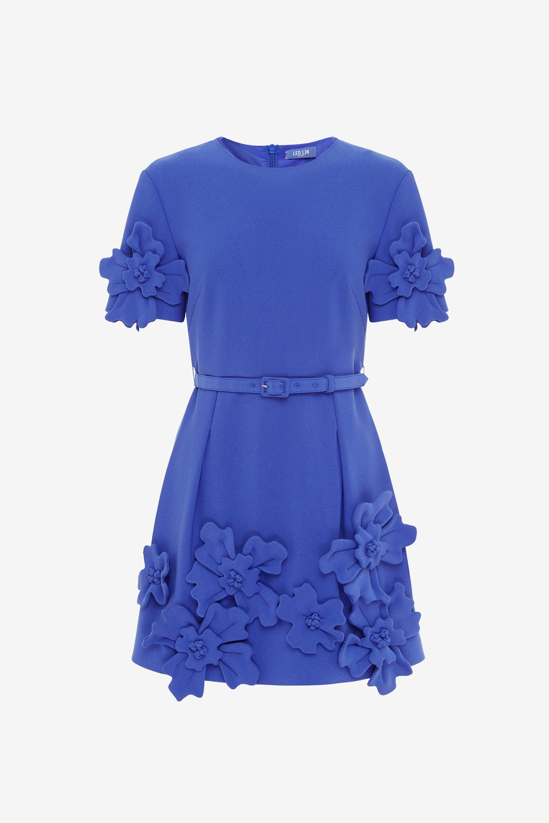 Exclusive LEO LIN Aurelie Floral Applique Short Sleeve Mini Dress - Lapis