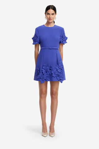 Exclusive LEO LIN Aurelie Floral Applique Short Sleeve Mini Dress - Lapis