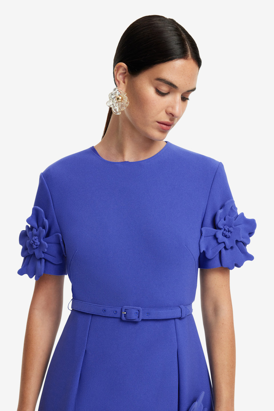 Exclusive LEO LIN Aurelie Floral Applique Short Sleeve Mini Dress - Lapis