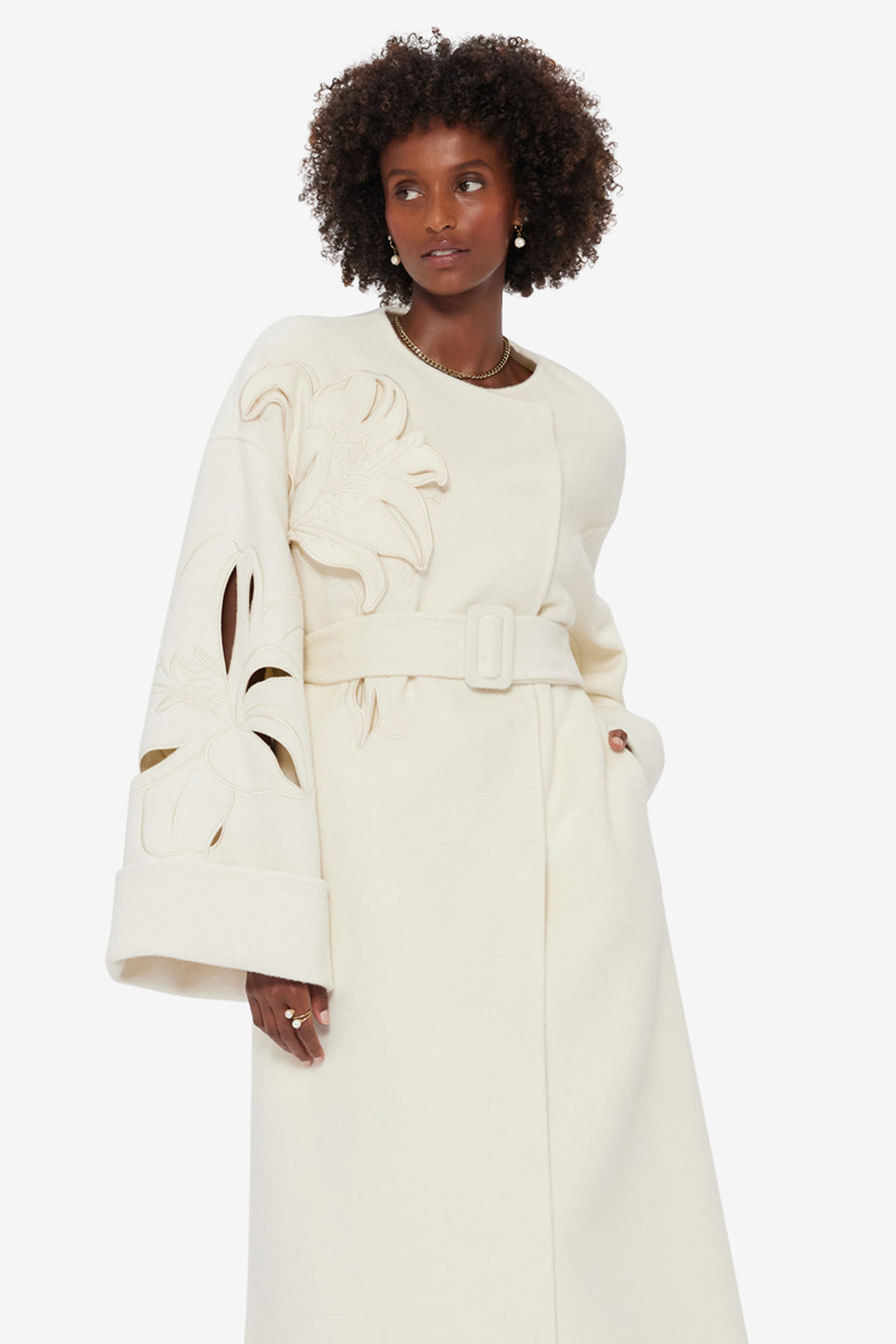 Exclusive LEO LIN Celestine Appliqué Wool Blend Coat - Snow