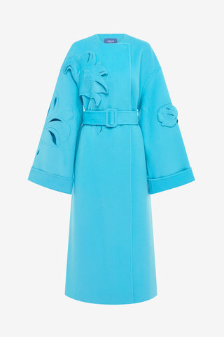 Exclusive LEO LIN Celestine Applique Wool Coat - Aqua