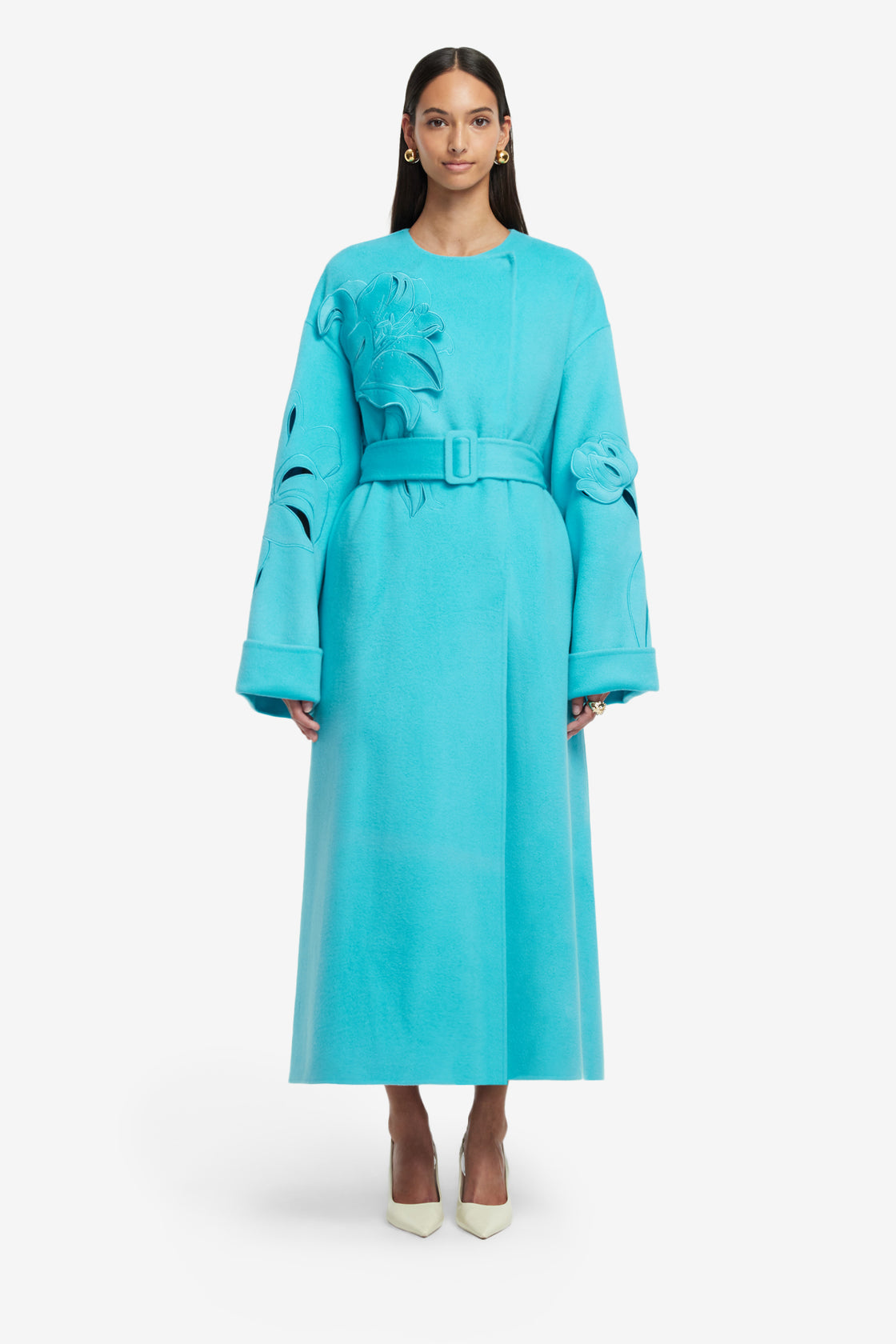 Exclusive LEO LIN Celestine Applique Wool Coat - Aqua