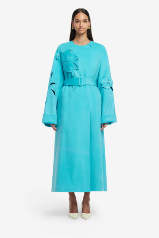 Exclusive LEO LIN Celestine Applique Wool Coat - Aqua