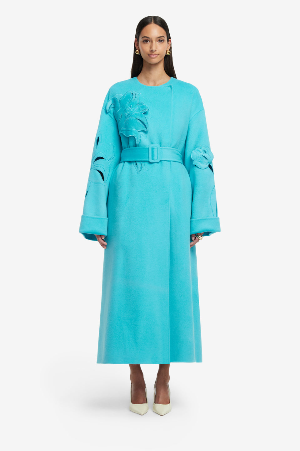 Exclusive LEO LIN Celestine Applique Wool Coat - Aqua