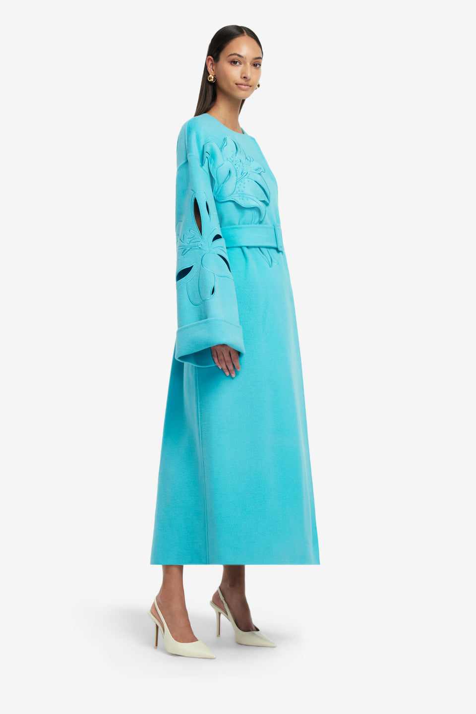 Exclusive LEO LIN Celestine Applique Wool Coat - Aqua