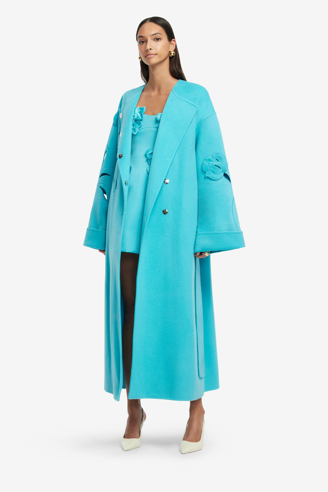 Exclusive LEO LIN Celestine Applique Wool Coat - Aqua