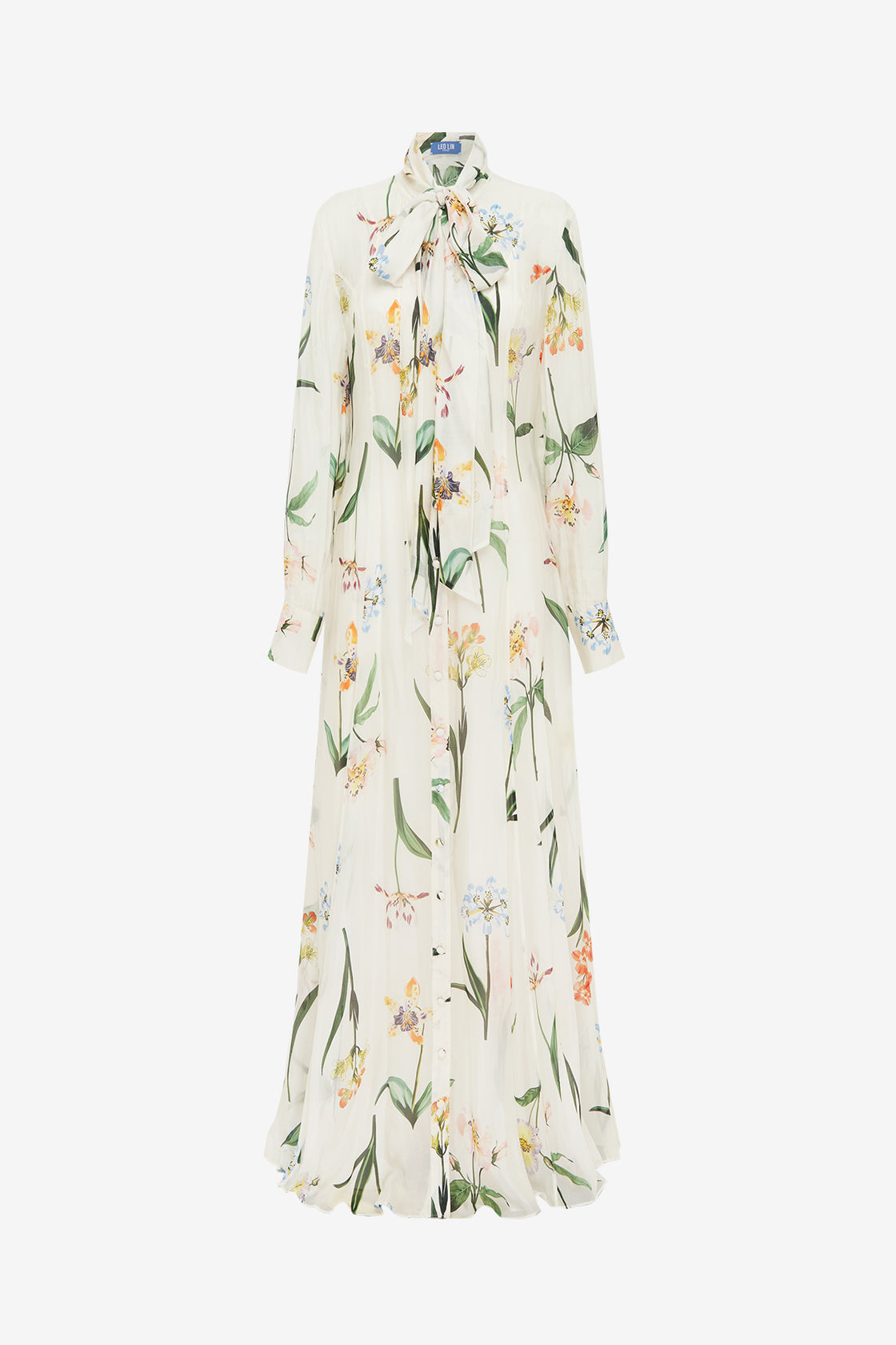 Exclusive LEO LIN Lilith Tie Neck Maxi Dress - Botanical Print in Snow