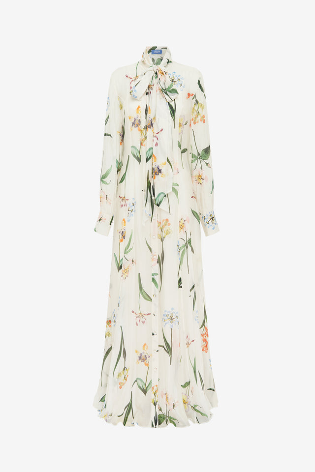 Exclusive LEO LIN Lilith Tie Neck Maxi Dress - Botanical Print in Snow