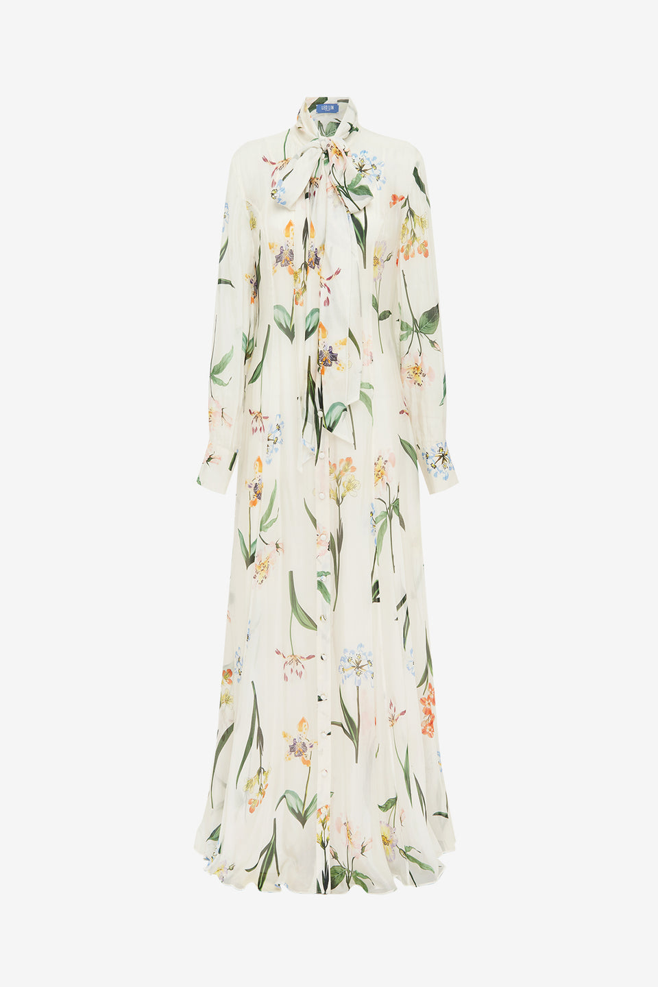Exclusive LEO LIN Lilith Tie Neck Maxi Dress - Botanical Print in Snow