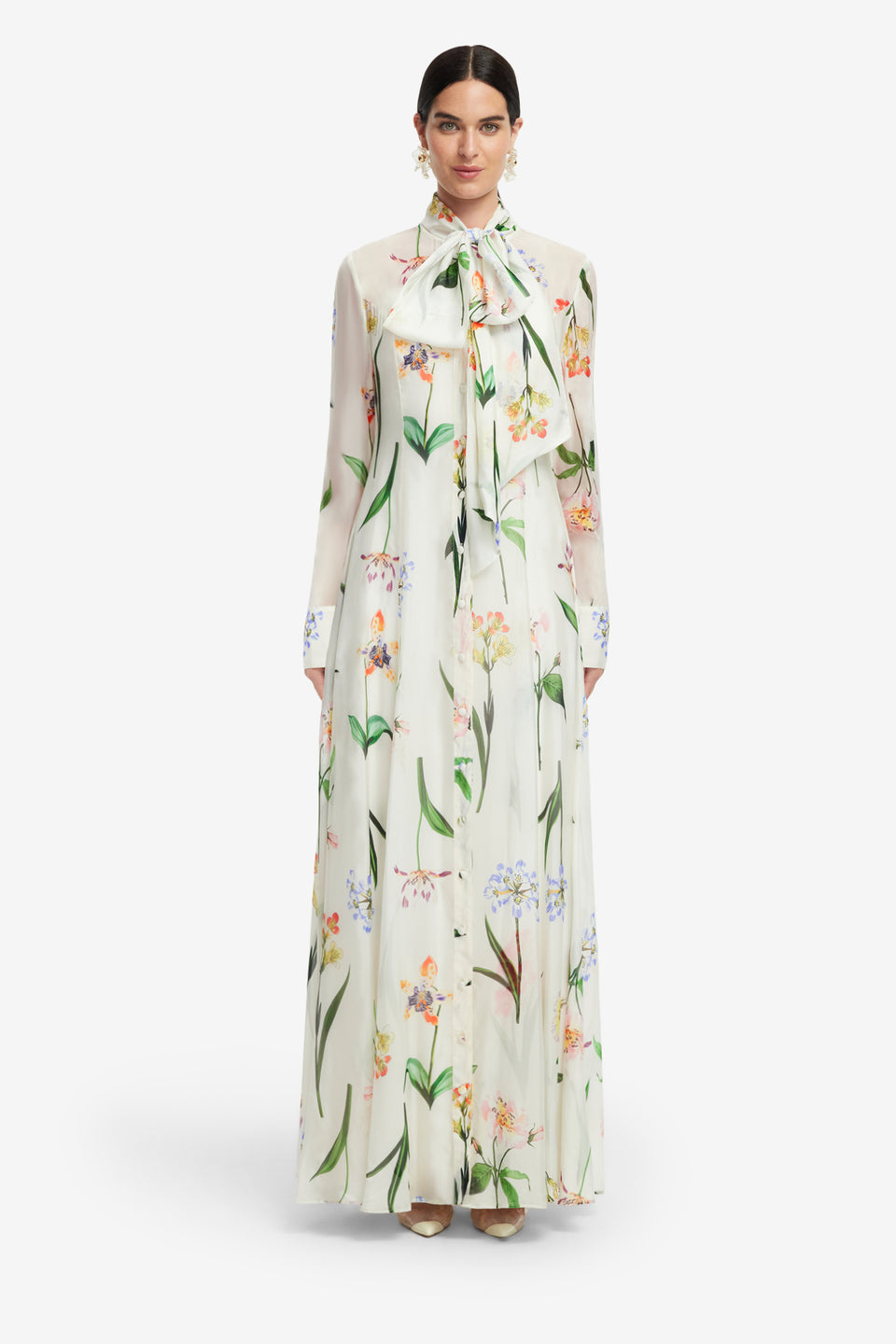 Exclusive LEO LIN Lilith Tie Neck Maxi Dress - Botanical Print in Snow