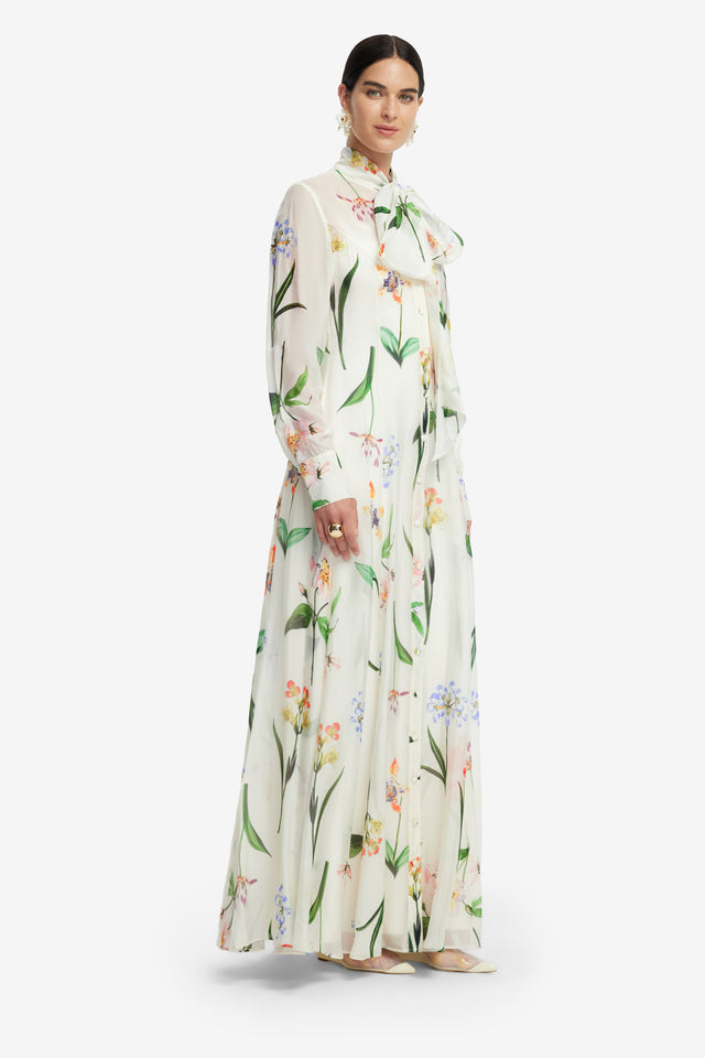 Exclusive LEO LIN Lilith Tie Neck Maxi Dress - Botanical Print in Snow