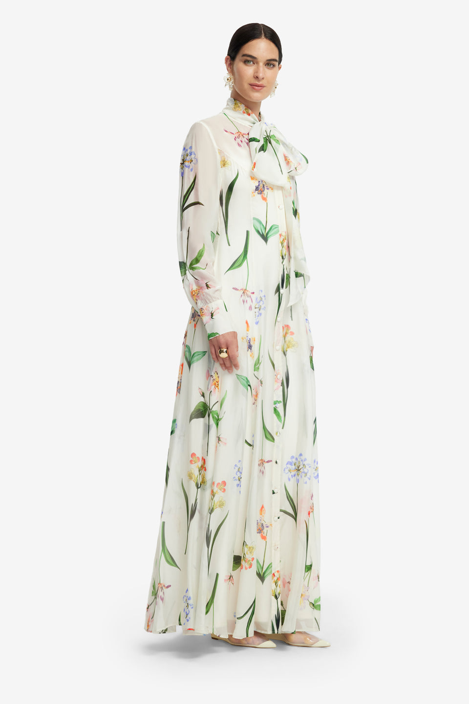 Exclusive LEO LIN Lilith Tie Neck Maxi Dress - Botanical Print in Snow