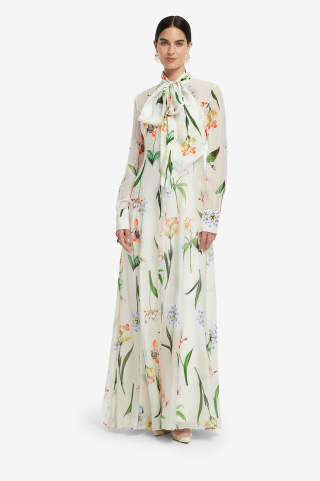 Exclusive LEO LIN Lilith Tie Neck Maxi Dress - Botanical Print in Snow