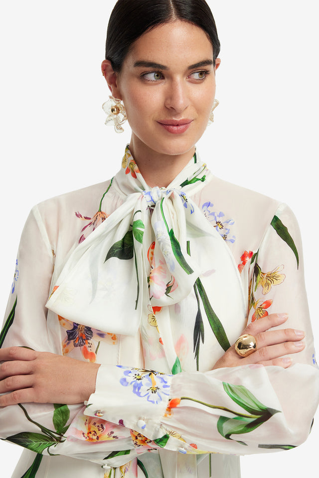 Exclusive LEO LIN Lilith Tie Neck Maxi Dress - Botanical Print in Snow