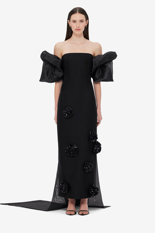 Exclusive LEO LIN Leonora Organza Puff Sleeve Cape - Ebony