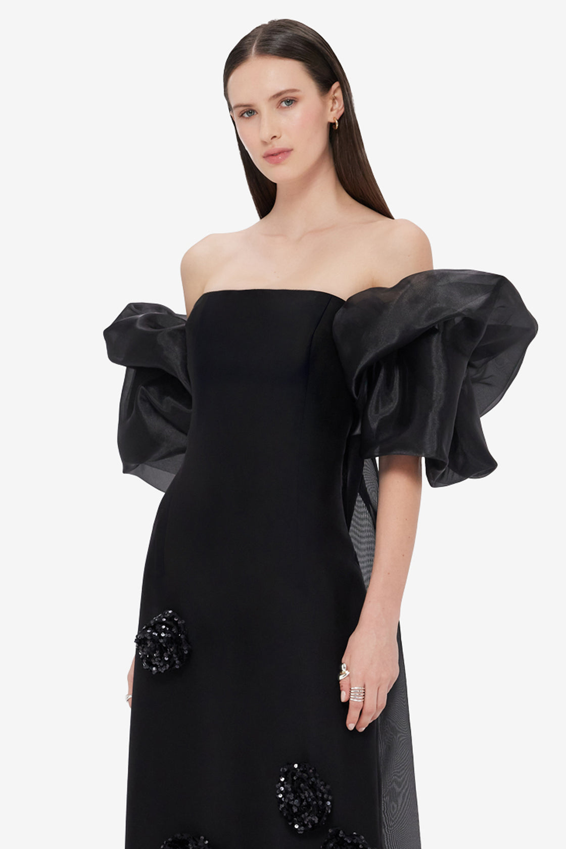 Exclusive LEO LIN Leonora Organza Puff Sleeve Cape - Ebony