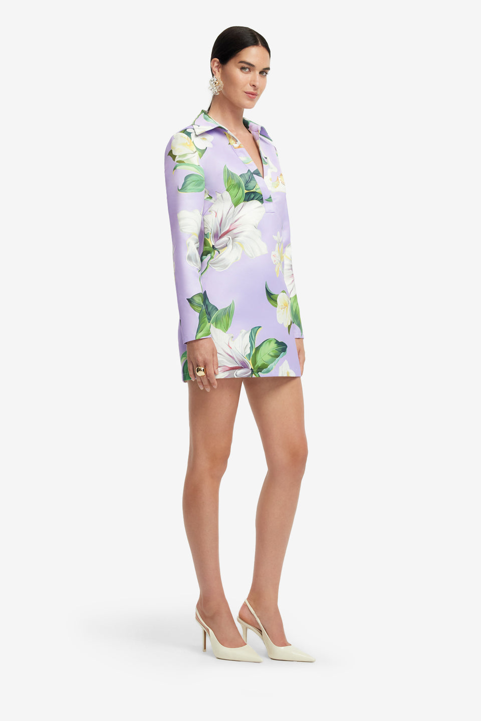 Exclusive LEO LIN Acacia Shirt Mini Dress - Lily Blossom Print in Lilac