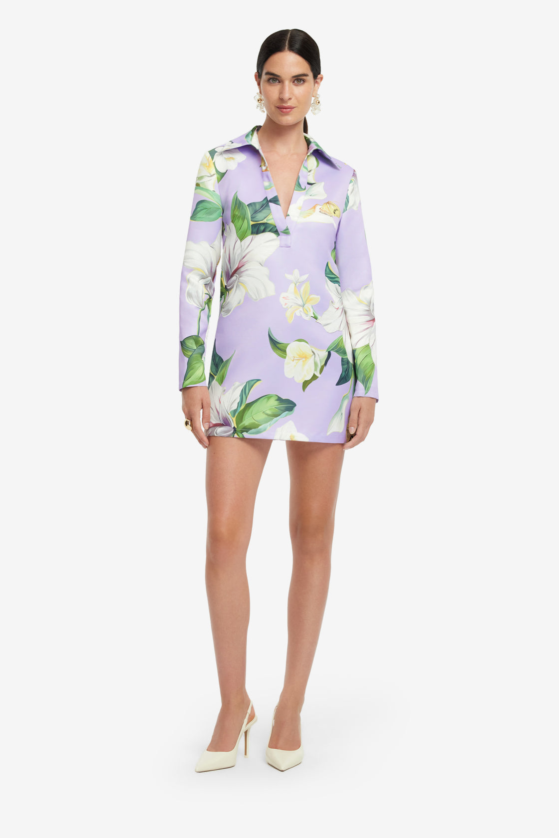 Exclusive LEO LIN Acacia Shirt Mini Dress - Lily Blossom Print in Lilac