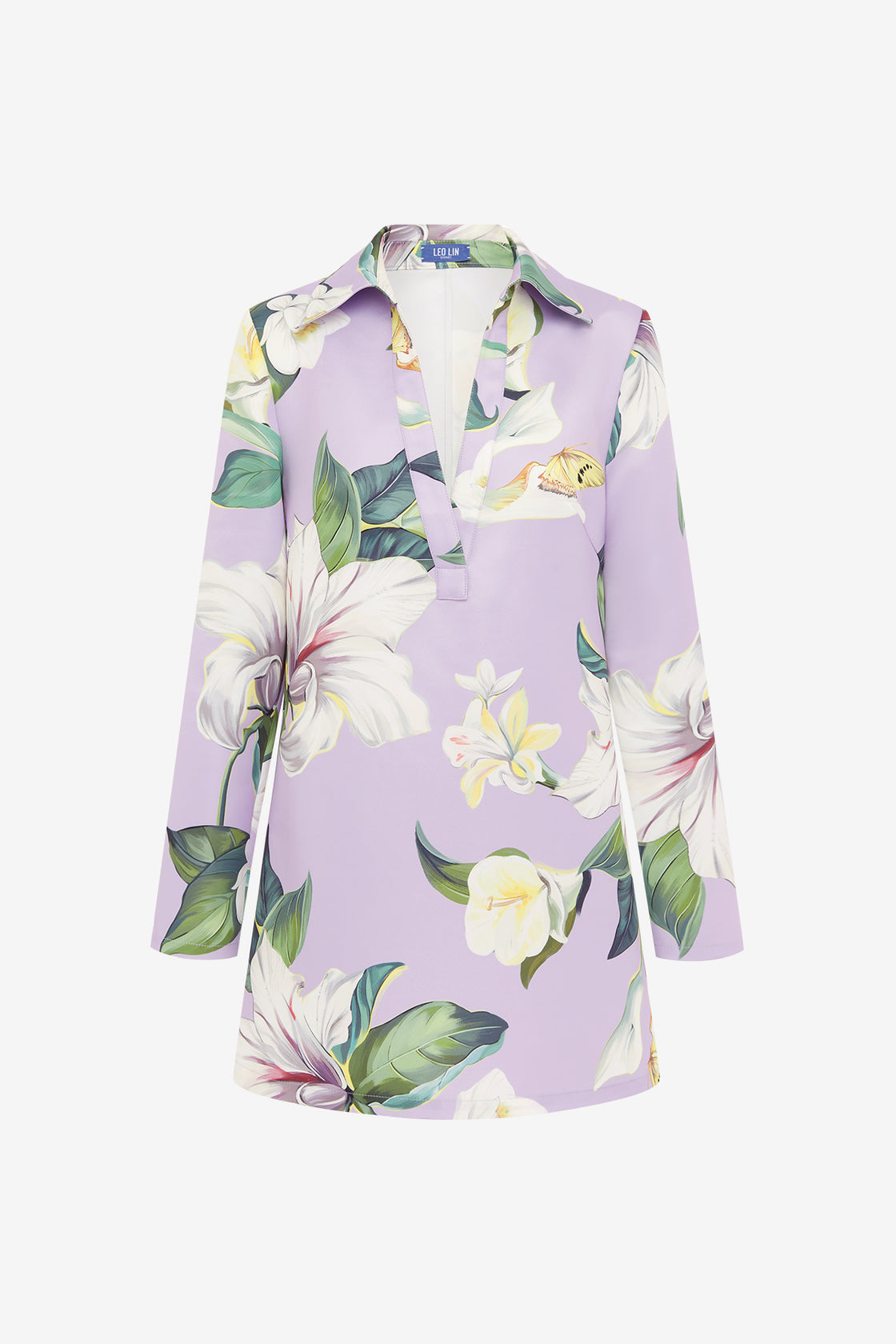 Exclusive LEO LIN Acacia Shirt Mini Dress - Lily Blossom Print in Lilac
