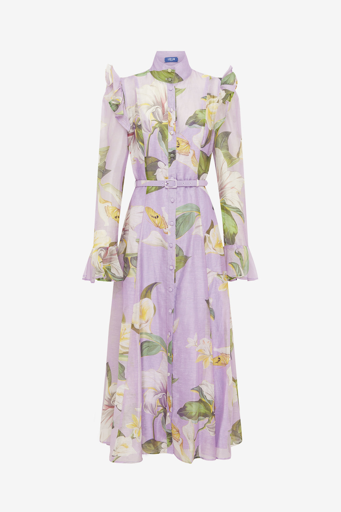 Exclusive LEO LIN Katrina Butterfly Sleeve Midi Dress - Lily Blossom Print in Lilac
