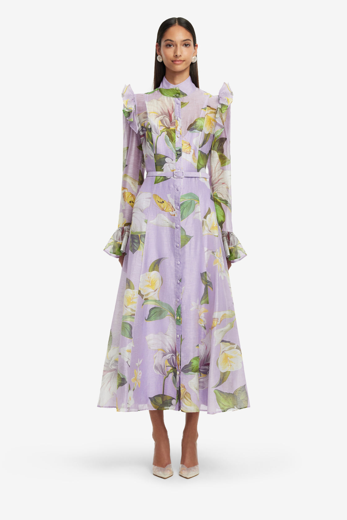 Exclusive LEO LIN Katrina Butterfly Sleeve Midi Dress - Lily Blossom Print in Lilac