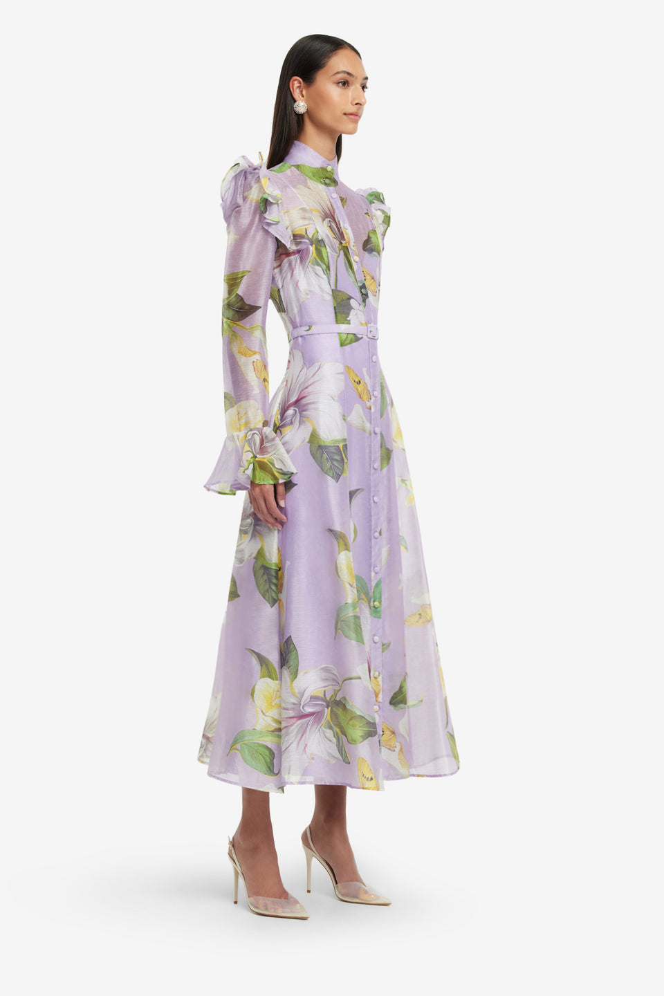 Exclusive LEO LIN Katrina Butterfly Sleeve Midi Dress - Lily Blossom Print in Lilac