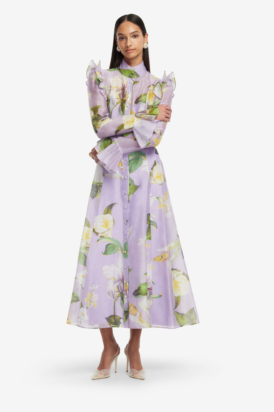 Exclusive LEO LIN Katrina Butterfly Sleeve Midi Dress - Lily Blossom Print in Lilac