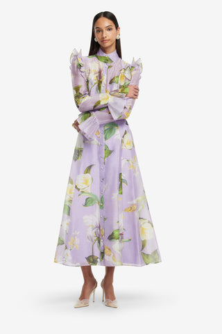 Exclusive LEO LIN Katrina Butterfly Sleeve Midi Dress - Lily Blossom Print in Lilac