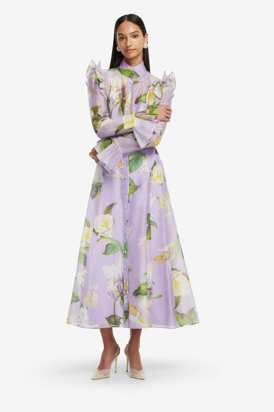 Exclusive LEO LIN Katrina Butterfly Sleeve Midi Dress - Lily Blossom Print in Lilac