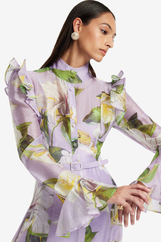 Exclusive LEO LIN Katrina Butterfly Sleeve Midi Dress - Lily Blossom Print in Lilac