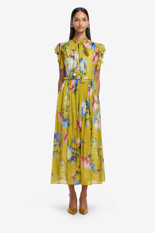 Exclusive LEO LIN Grace Flutter Sleeve Midi Dress - Garden Print in Mustard